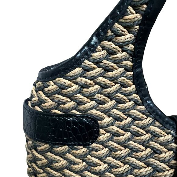 Brighton Woven Tan Straw Shoulder Bag Handbag Purse Black Croc Leather Handles - Picture 4 of 15